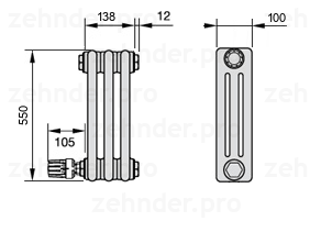 Схема (чертеж) Радиатор Zehnder Charleston 3055/3 №V004 Белый глянцевый RAL 9016